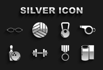 Fototapeta premium Set Dumbbell, Whistle, Fitness mat roll, Medal, Bowling pin and ball, Kettlebell, Glasses for swimming and Volleyball icon. Vector