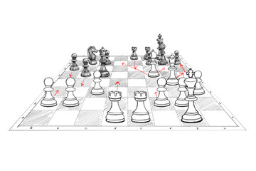Illustration of board with chess pieces. Strategy for winning - obrazy, fototapety, plakaty