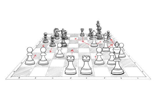 Illustration of board with chess pieces. Strategy for winning