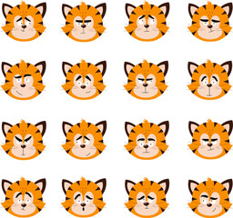 The muzzles of tiger cubs with different emotions. Vector illustration for postcards, banners, the Internet, decor, design, art, calendar. Greeting card template 