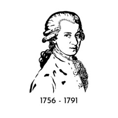 Wolfgang Amadeus Mozart is a great Austrian composer and musician. Vector portrait in the style of engraving on a white background. Classical music. Celebrity anniversary. - obrazy, fototapety, plakaty