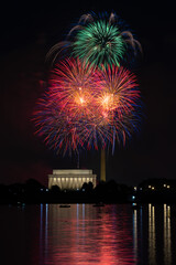 Fourth of July Fireworks Over the Lincoln Memorial and Washington Monument Reflected in the Potomac River
