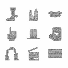 Set Patriotic American top hat, Movie clapper, flag, Casino chip and playing cards, Grand canyon, Number 1 one fan hand glove, Hotdog sandwich and Cowboy boot icon. Vector