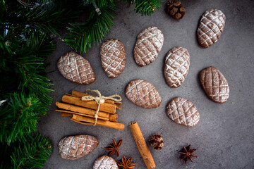 Christmas biscuits close up photo. Fir tree branches, anise stars, cinnamon sticks pine cone shaped cookies. 