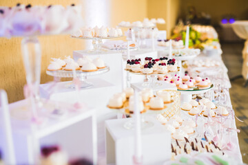 Delicious sweets on wedding candy buffet with desserts, cupcakes