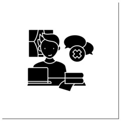 Remote work glyph icon. Lack of spontaneous conversations. Concentrate only on work. Career difficulties concept. Filled flat sign. Isolated silhouette vector illustration