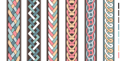 Braid lines. Wicker borders, colored knoted patterns, braided intertwined ropes, vector twist striped ornaments, curly braiding line strings vector set isolated on white - obrazy, fototapety, plakaty