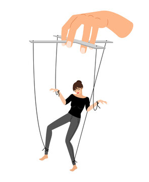 Girl puppet. Woman control violence, puppets marionette hand manipulation, people abused vector illustration, patriarchy dictat concept isolated on white background