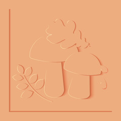 Monochrome autumn vector illustration. Paper cut oak leaf , mushrooms and drops vector design