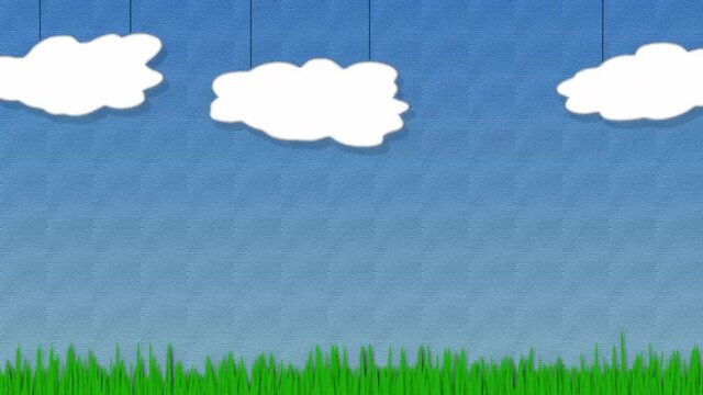 Clouds and grass stage free to use looping animation.Landscape with grass and blue sky. Clouds in cartoon style video.Animated green grass, blue sky with clouds.