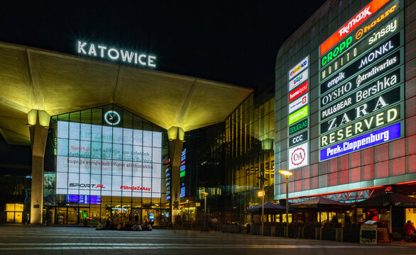 Katowice, Poland - September 11, 2021: A picture of the Wilhelma Szewczyka Square next to the Katowice train station and the Galeria Katowicka shopping mall.