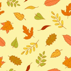 Autumn seamless pattern with colorful leaves. Vector cartoon illustration with maple, rowan, birch, chestnut leaf. Endless wrapping paper for print, wallpaper.