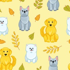 Autumn seamless pattern with dogs breed. Vector cartoon illustration with bulldog, pomeranian, golden retriever and fall leaves. Pattern on pastel background.