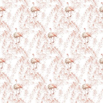 Pink seamless pattern with watercolor illustrations of flamingos. Hand-drawn elements: birds, watercolor spots. Nice illustration for wrapping paper
