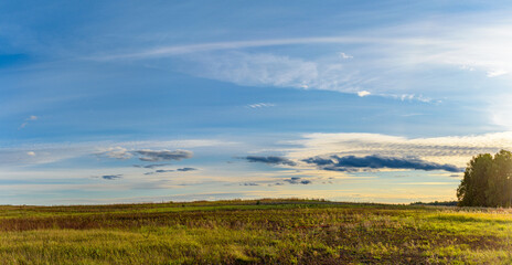 Evening sky over a green autumn field
