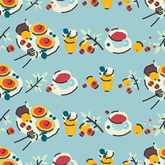 Seamless pattern with breakfast, dessert. Tea drinking. Trendy cute vector illustration, background, wrapping paper