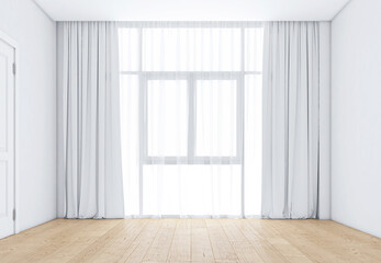 Empty room with windows and white curtains, wooden floor. 3d rendering