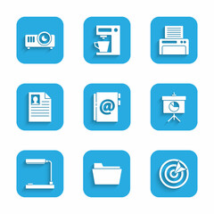 Set Address book, Document folder, Target sport, Chalkboard with diagram, Table lamp, Resume, Printer and Movie, film, media projector icon. Vector