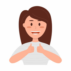 Teen girl with braces shows thumbs up