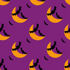 Halloween seamless bats pattern with crescent. Black bat on violet background. Cute pattern for wrapping paper, textile prints, wallpapers. Vector illustration