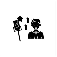 Smartphone addiction glyph icon.Encouraging self absorption. Rising popularity. Overwhelmed concept. Filled flat sign. Isolated silhouette vector illustration