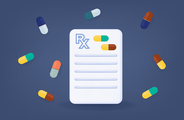 3d form rx. Doctor's Prescription, Treatment or Prevention. Document page with pills, capsules. Diagnosis, prescription, or examination. Medicine and pharmacy banner. Blank or sheet with pills. Vector