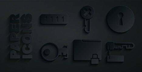 Set Folder and lock, Keyhole, Marked key, Wrong and Password protection icon. Vector