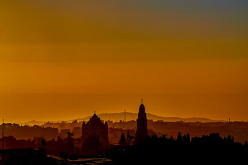 view on Dormition Abbey behind Greek Hagias Zion Convent on morning, sunshine, jerusalem, israel