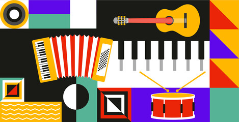 Geometric abstract background. Street wall art with musical instruments, triangles, circles and lines. Decorative element for holiday or festival. Cartoon flat vector illustration in retro style © Rudzhan