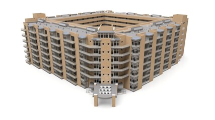 Condominium 3d model. Apartment house with a courtyard. 3d rendering.