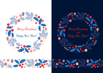christmas wreath and seamless pattern for christmas and new year abstract stylized christmas tree with balls, holly and snowflakes in linear style.