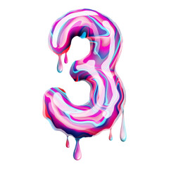 The number 3 in the form of a sweet coffee is melting. Delicious number 3 isolated on white background, Concept font. 3D illustration, 3D rendering.