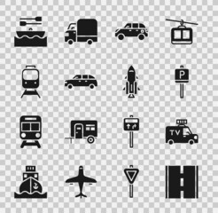 Set Road, TV News car, Parking, Hatchback, Train and railway, Boat with oars and Rocket ship fire icon. Vector