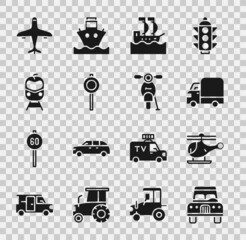 Set Car, Helicopter, Delivery cargo truck, Sailboat, Road traffic signpost, Train and railway, Plane and Scooter icon. Vector