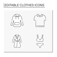 Clothes line icons set. Trendy outfits. Hoodie, polo shirt, underwear and trench. Fashionable clothing. Shopping concept. Isolated vector illustration. Editable stroke