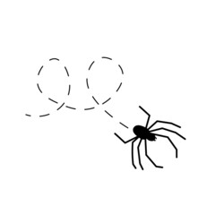 Spider on a dotted line route. Animal black silhouette. Vector isolated on white background.