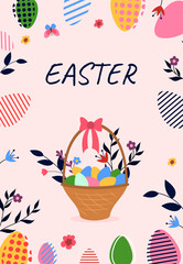 Abstract poster with Easter eggs. Colorful template for social networks, websites. Greeting card with basket, plants and inscription. Cartoon flat vector illustration isolated on pink background