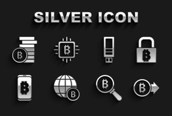 Set Globe Bitcoin, Lock with bitcoin, Magnifying glass, Mining from mobile, USB flash drive, and CPU mining farm icon. Vector