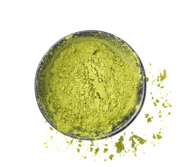 Matcha, green tea powder in black bowl on white background