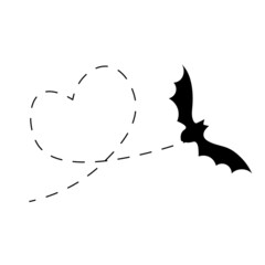 Bat on a dotted line route. Animal black silhouette. Vector isolated on white background.