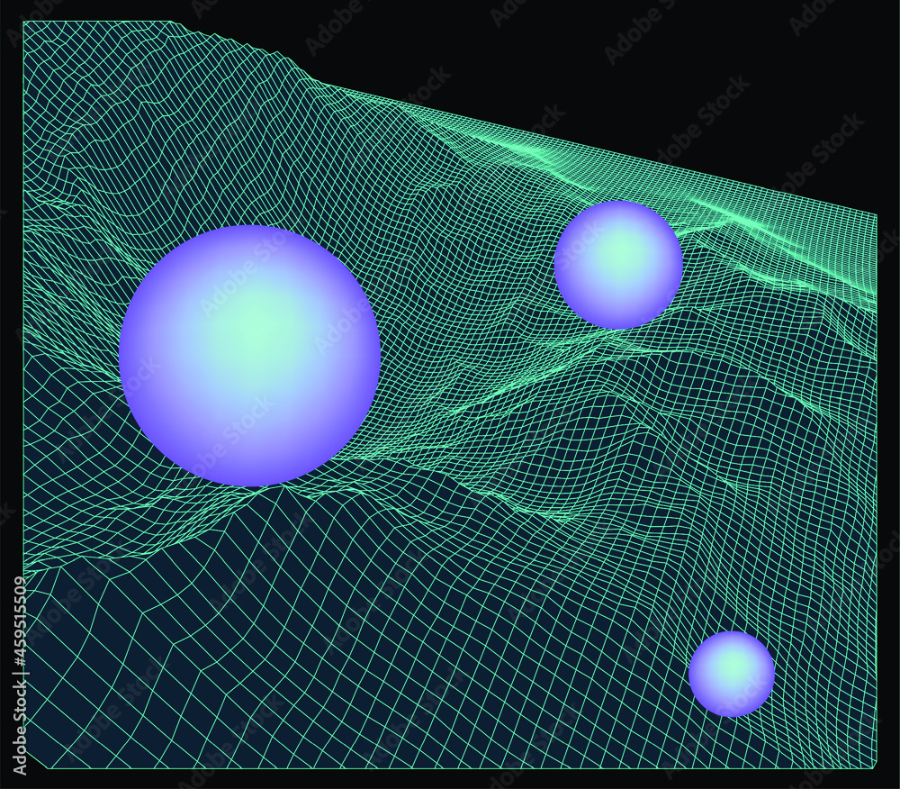 Poster 3d perspective laser grid and floating neon spheres. vector illustration in synthwave nostalgic the 