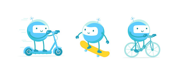 Robot sports entertainment set. Scooter bicycle and skateboard. Mascot character. Active lifestyle. Cartoon vector. - obrazy, fototapety, plakaty