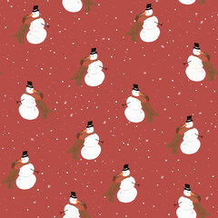 Dog with snowman funny vector christmas seamless pattern with red background
