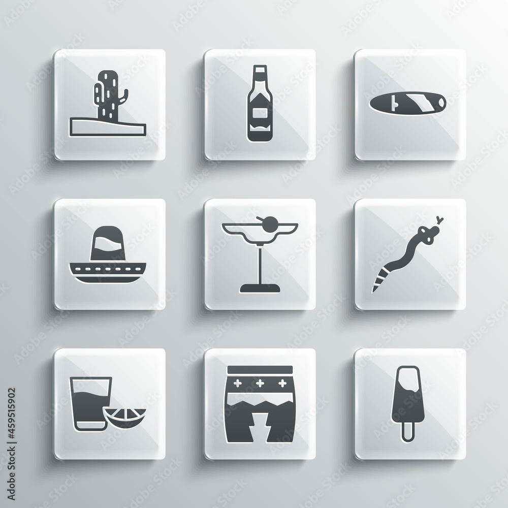 Canvas Prints Set Huehuetl, Popsicle ice cream, Snake, Margarita cocktail, Tequila glass with lemon, Mexican sombrero, Cactus and Cigar icon. Vector