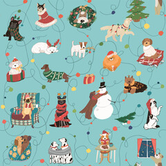 Christmas celebration with dog pets seamless vector pattern
