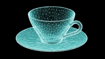 3D mesh of a cup isolated on black background. 3D illustration.