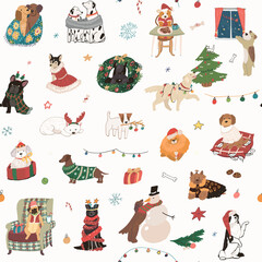 Christmas celebration with dog pets seamless vector pattern