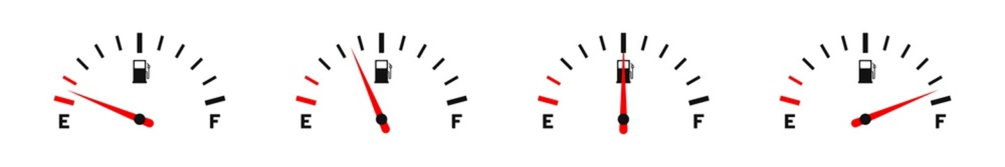 Fuel gauge. Set of fuel gauge indicators. Scale with arrow, empty and high level of fuel. Gas tank gauge icon. Vector - obrazy, fototapety, plakaty