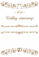 Wedding invitations 50 years anniversary signs and cards. Gold color template for festive events, wedding, greeting card and invitation decoration. Vector illustration
