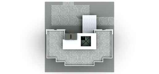 Small white-gray condominium with elevator and garage. 3d rendering.